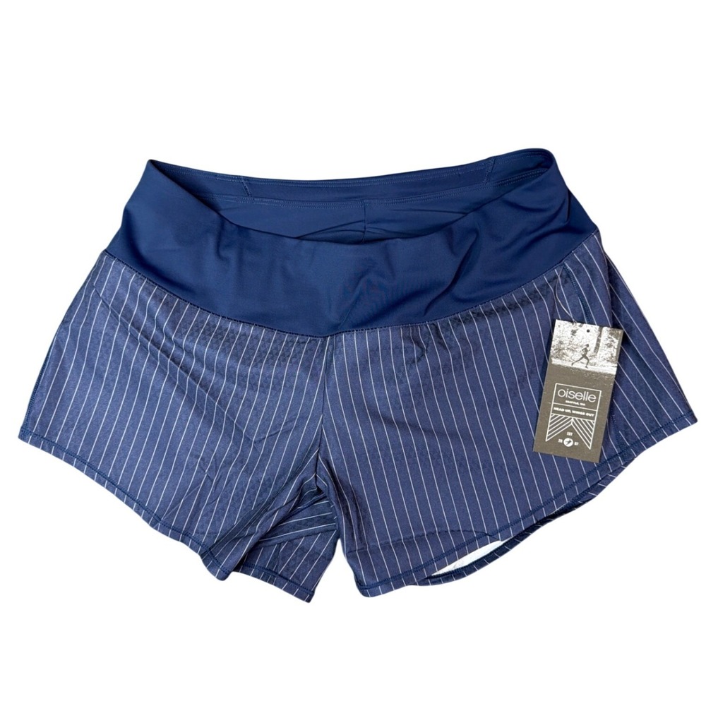 Oiselle Shorts Women 4 Roga Grounded Pinstripe Navy Blue Running NEW